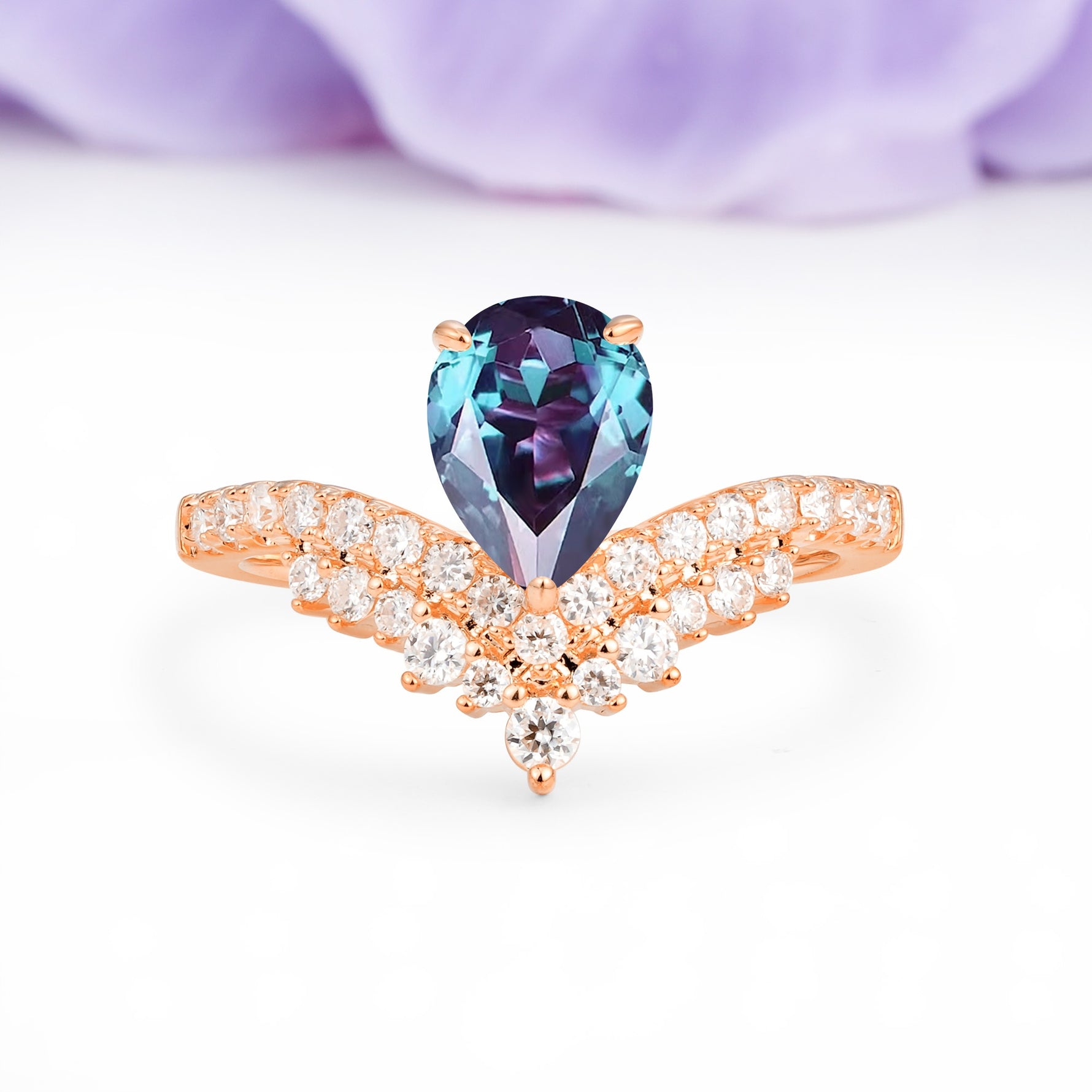 Classic and Unique 3-Prong Crown Setting with Pear Cut Alexandrite Engagement Ring - Additional view