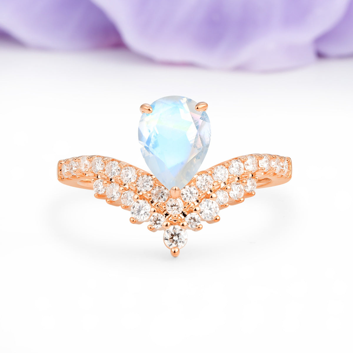 Classic and Unique 3-Prong Crown Setting with Pear Cut Moonstone Engagement Ring - Additional view