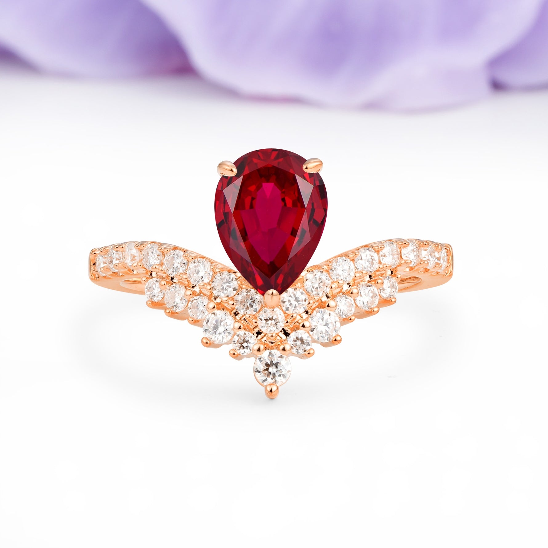 Classic and Unique 3-Prong Crown Setting with Pear Cut Ruby Engagement Ring - Additional view