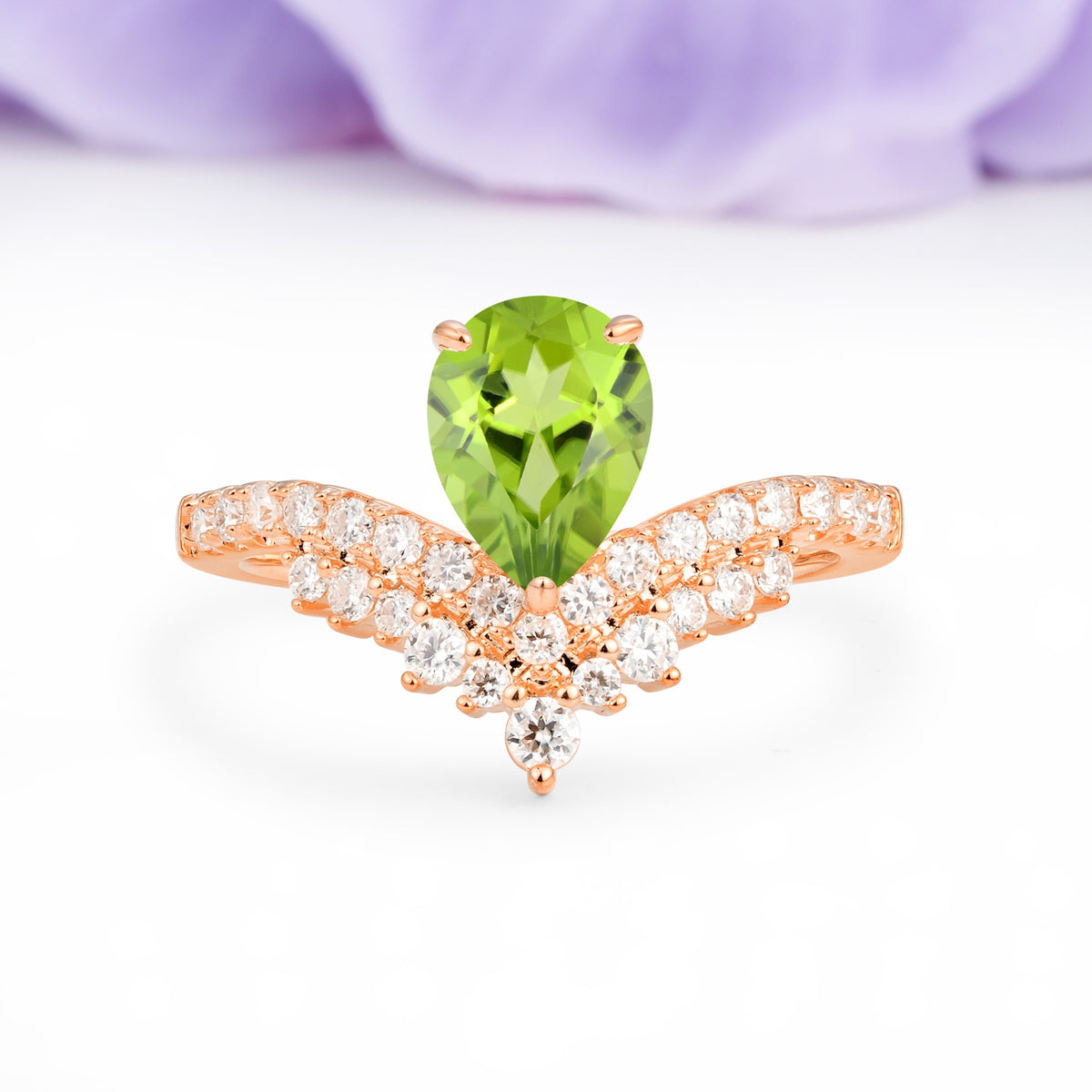 Classic and Unique 3-Prong Crown Setting with Pear Cut Peridot Engagement Ring - Additional view