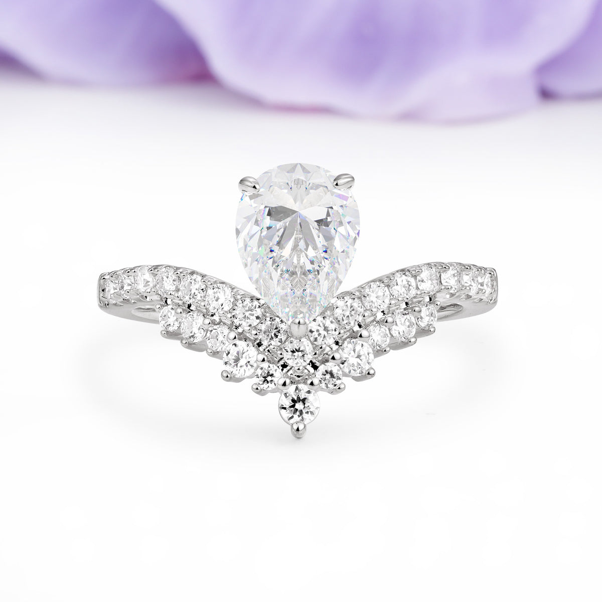 Classic and Unique 3-Prong Crown Setting with Pear Cut Moissanite Engagement Ring - Additional view