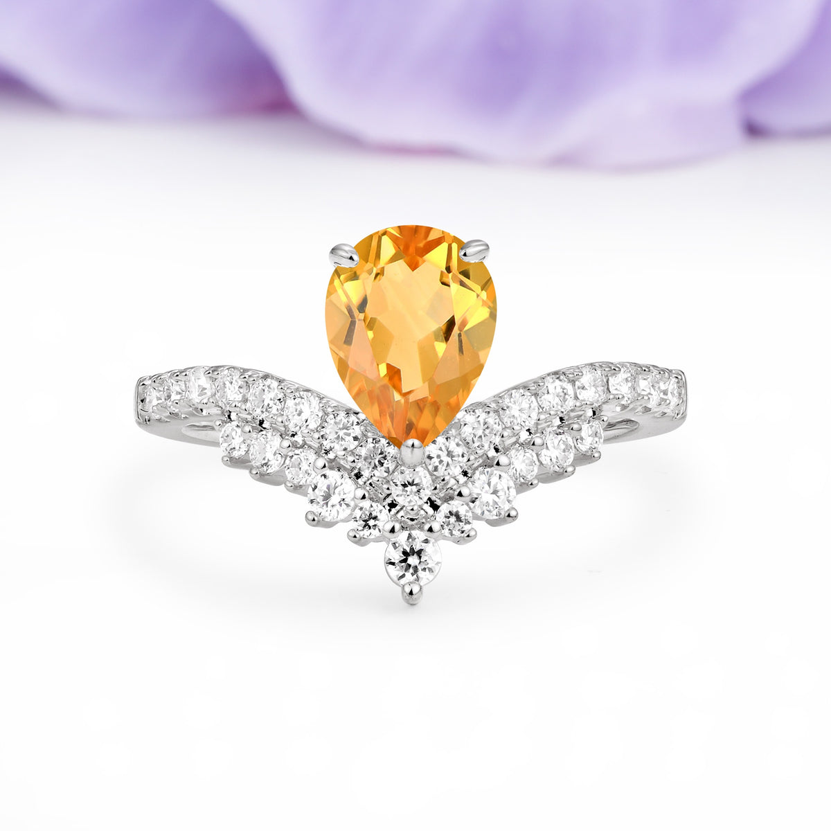 Classic and Unique 3-Prong Crown Setting with Pear Cut Citrine Engagement Ring - Additional view
