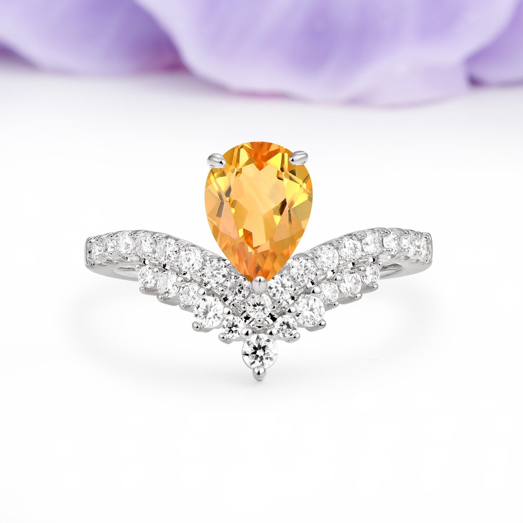 Classic and Unique 3-Prong Crown Setting with Pear Cut Citrine Engagement Ring - Additional view