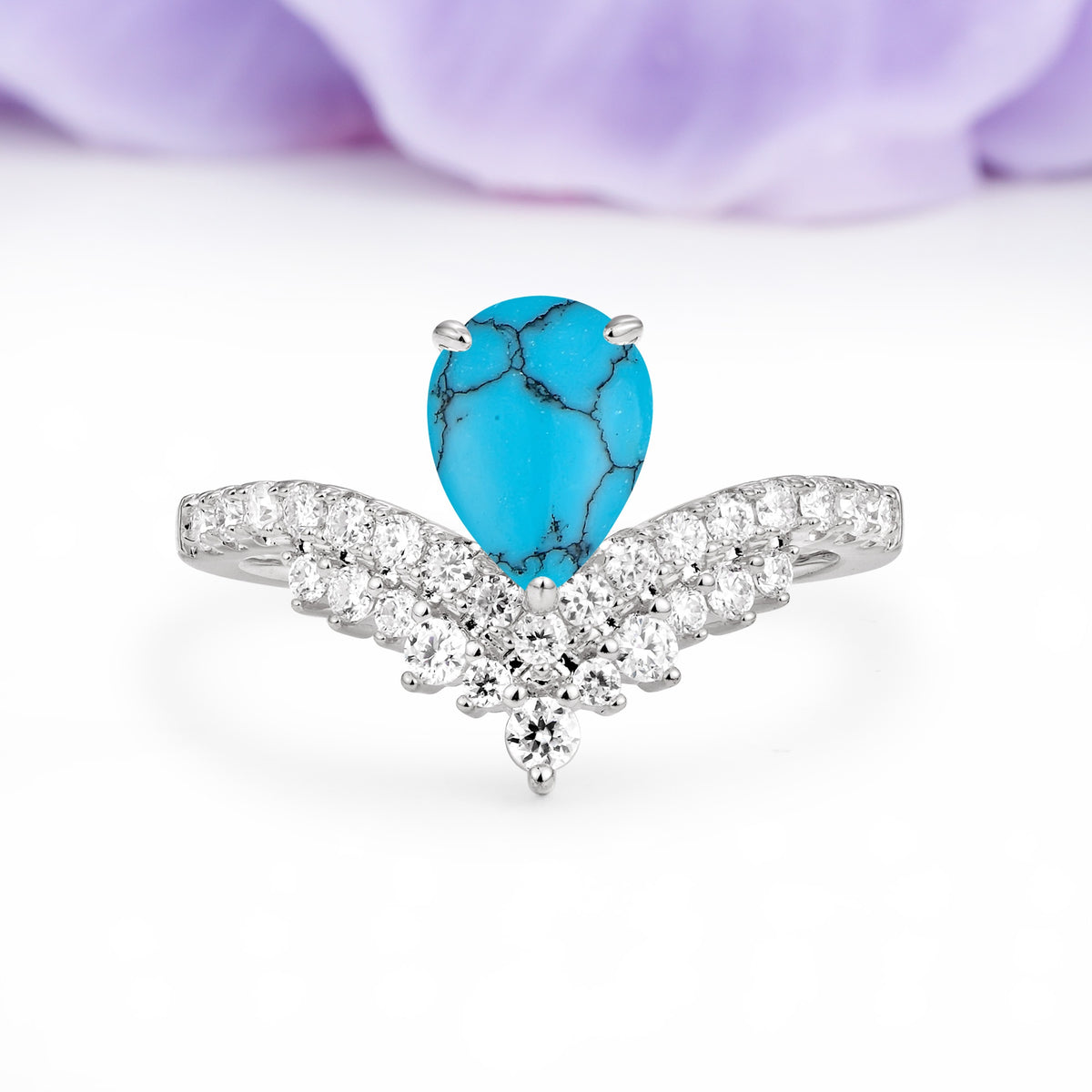 Classic and Unique 3-Prong Crown Setting with Pear Cut Turquoise Engagement Ring - Additional view