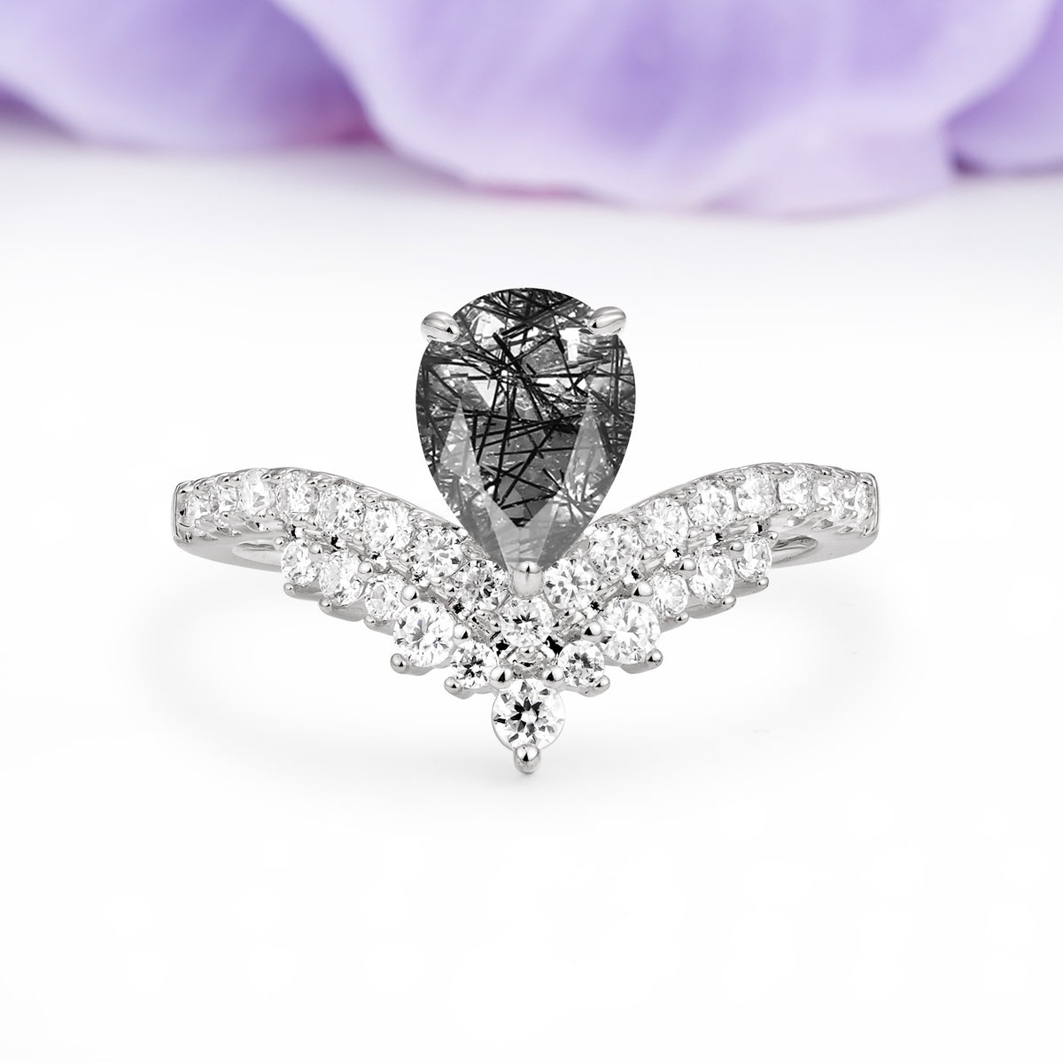 Classic and Unique 3-Prong Crown Setting with Pear Cut Black Rutilated Quartz Engagement Ring - Additional view