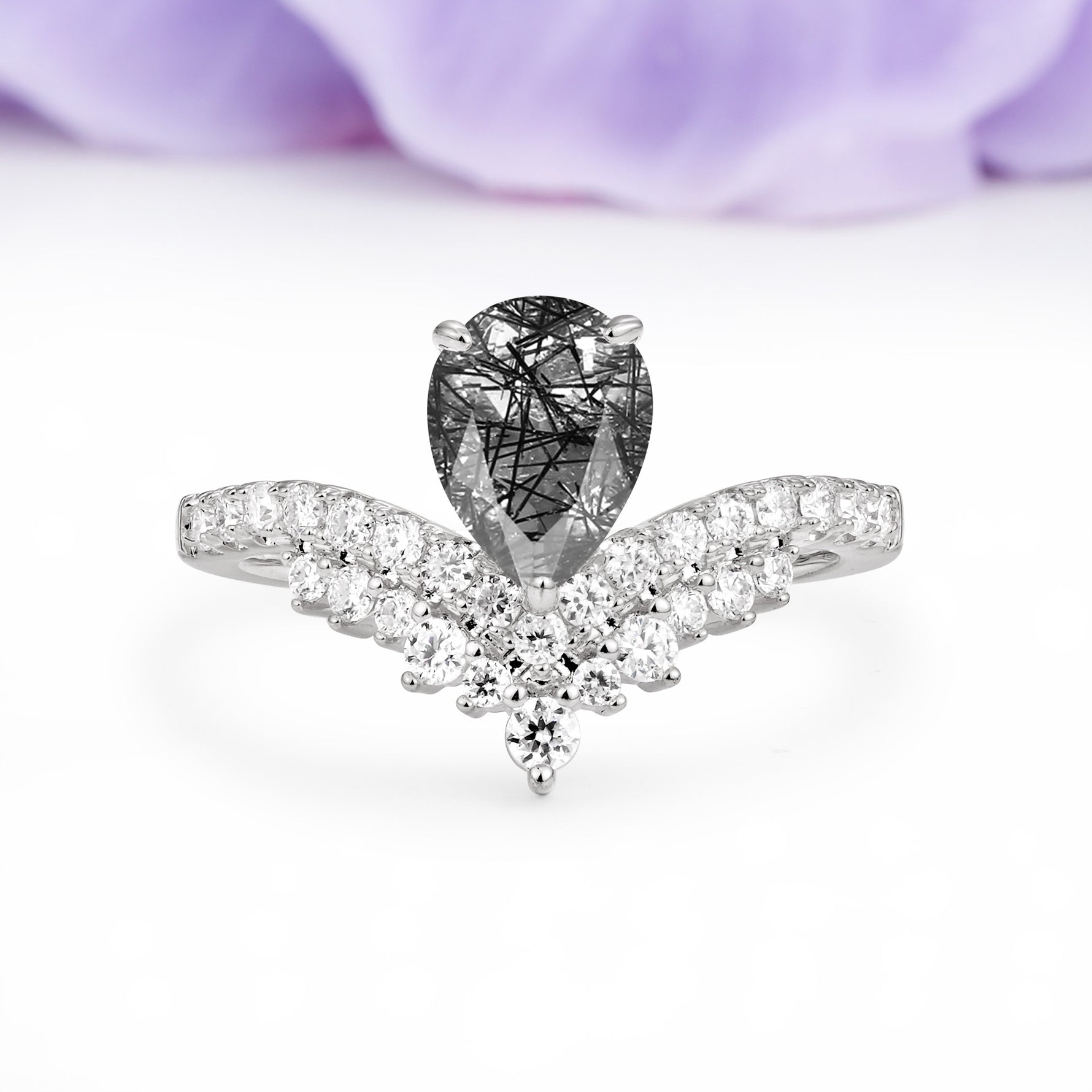 Classic and Unique 3-Prong Crown Setting with Pear Cut Black Rutilated Quartz Engagement Ring - Additional view