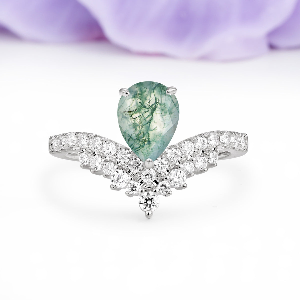 Classic and Unique 3-Prong Crown Setting with Pear Cut Moss Agate Engagement Ring - Additional view