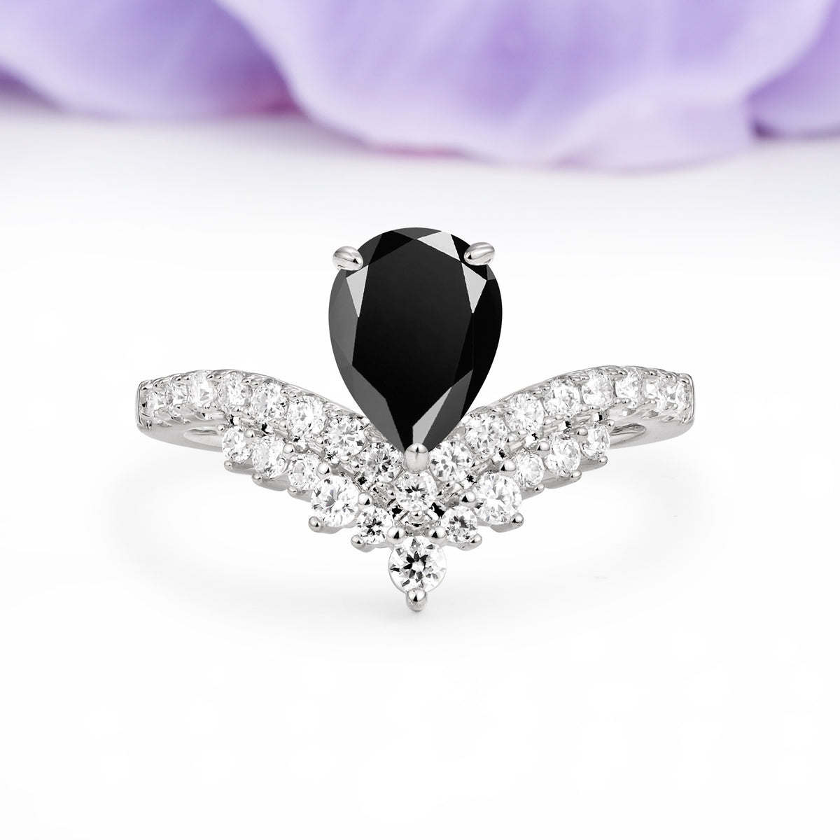 Classic and Unique 3-Prong Crown Setting with Pear Cut Black Onyx Engagement Ring - Additional view