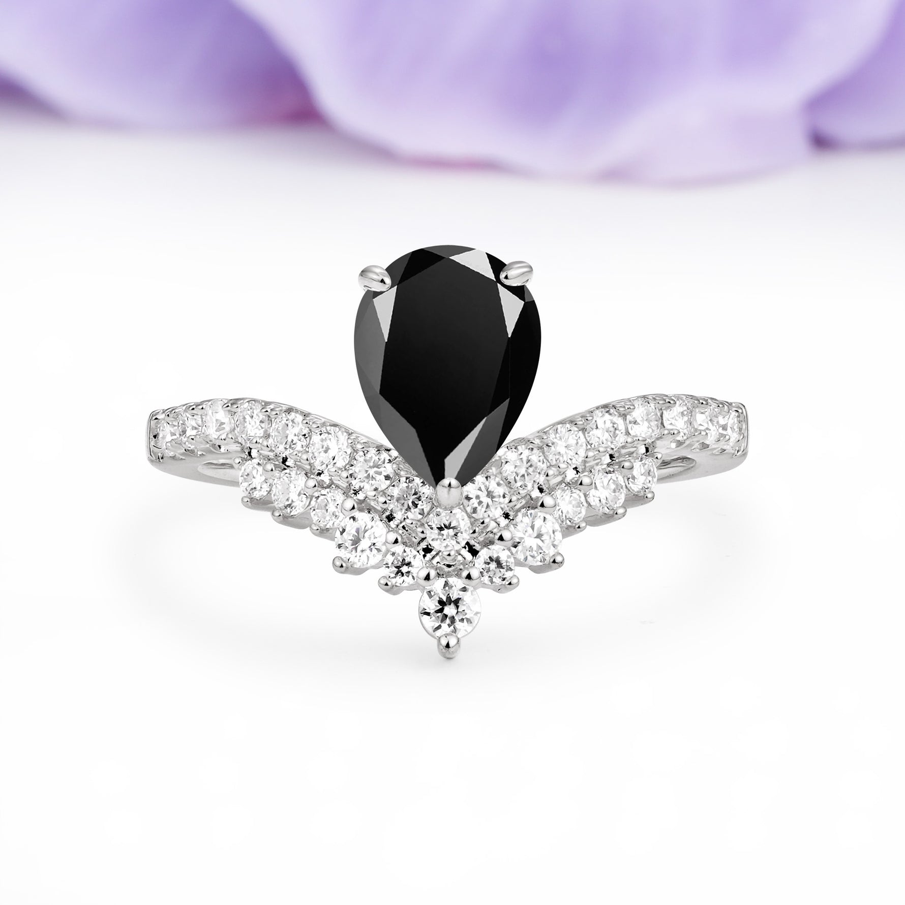 Classic and Unique 3-Prong Crown Setting with Pear Cut Black Onyx Engagement Ring - Additional view