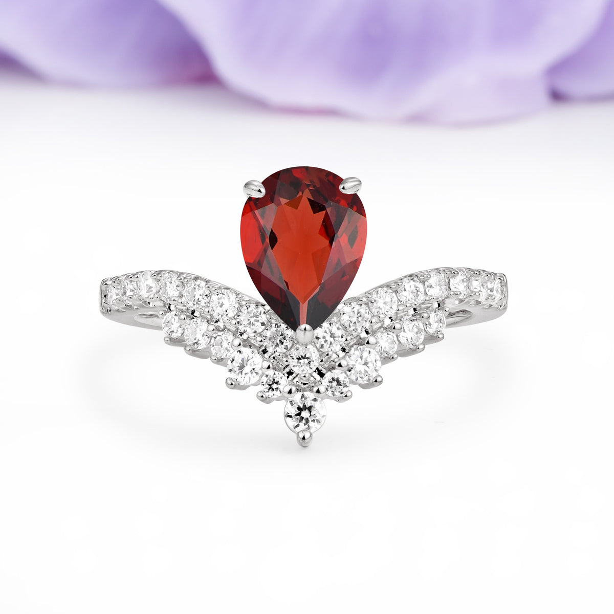 Classic and Unique 3-Prong Crown Setting with Pear Cut Garnet Engagement Ring - Additional view