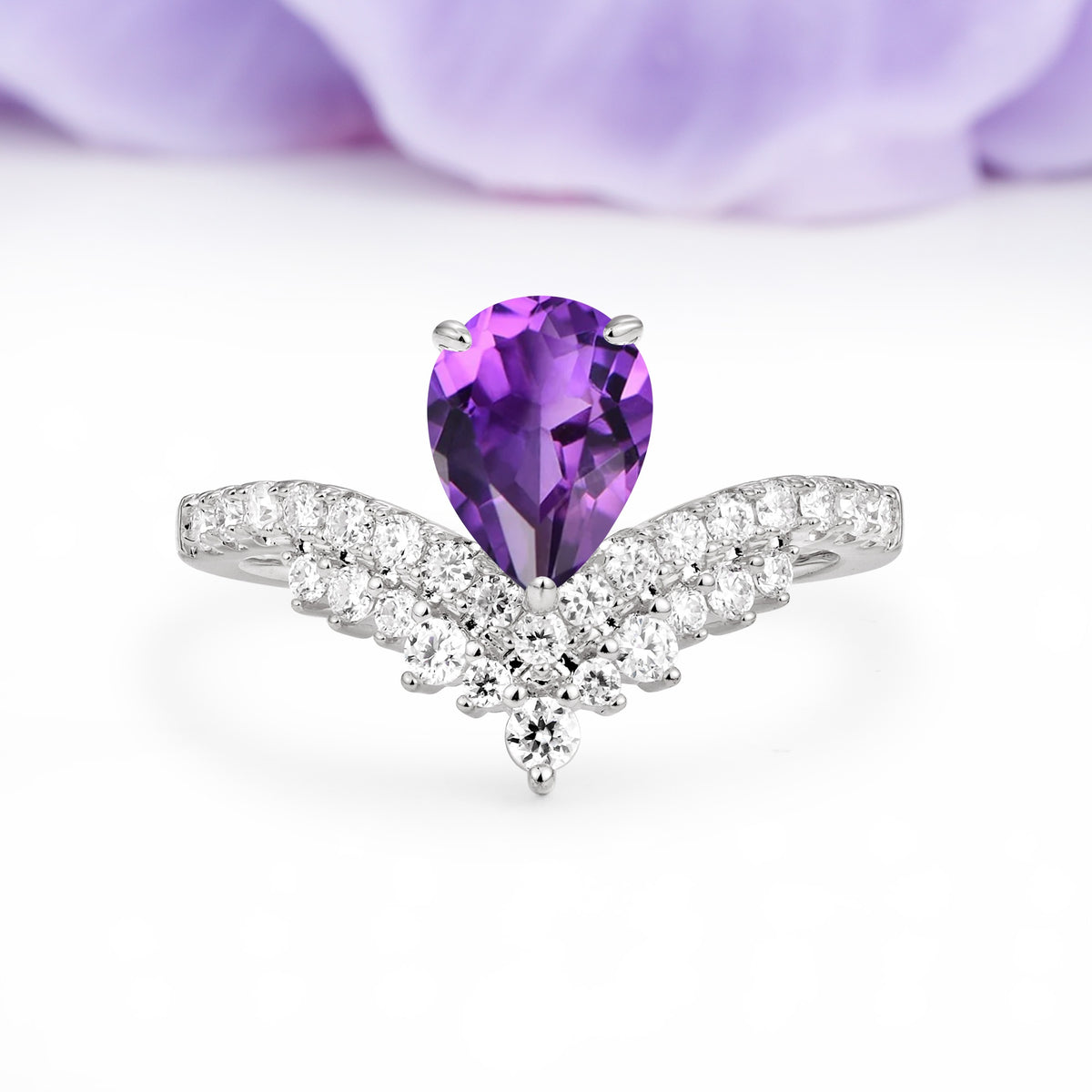 Classic and Unique 3-Prong Crown Setting with Pear Cut Amethyst Engagement Ring - Additional view