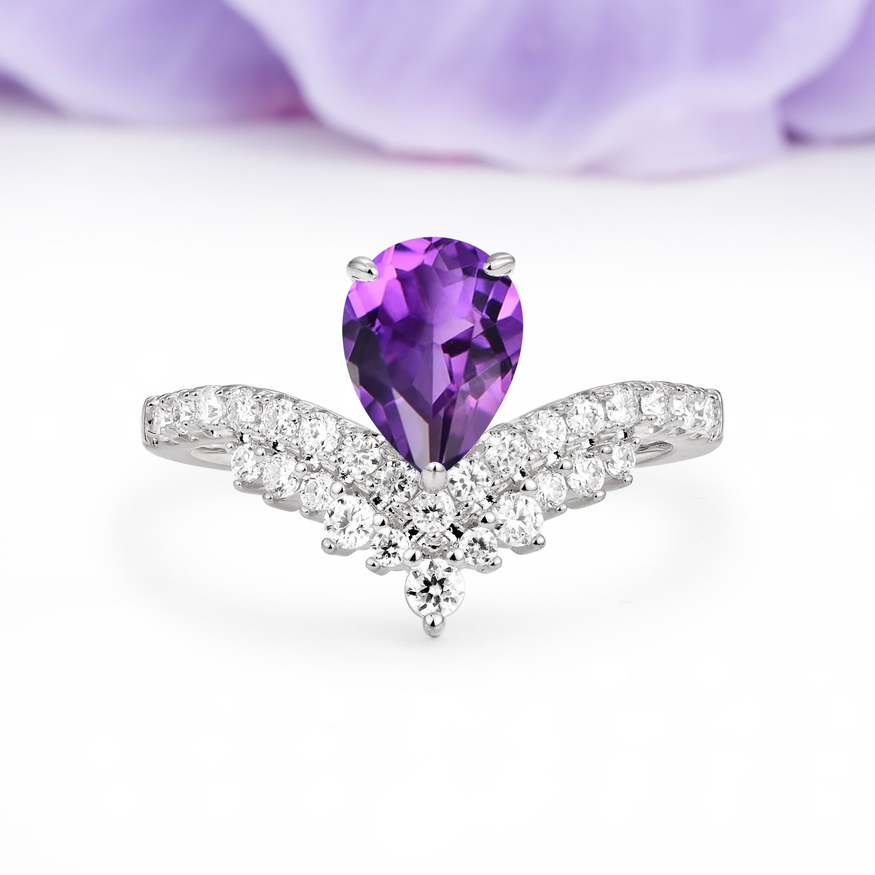 Classic and Unique 3-Prong Crown Setting with Pear Cut Amethyst Engagement Ring - Additional view