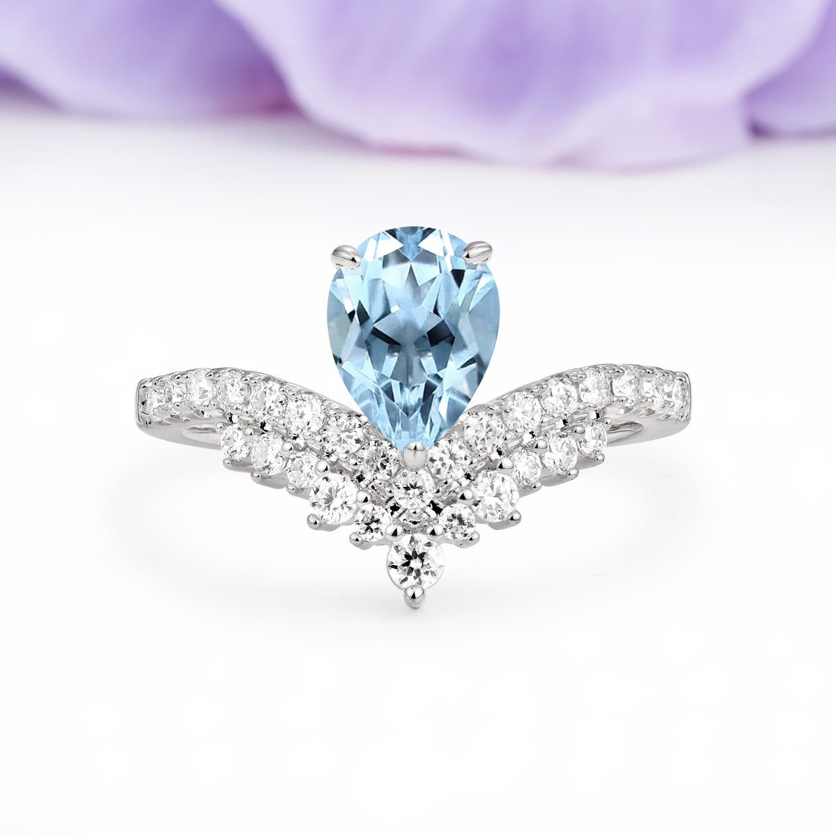 Classic and Unique 3-Prong Crown Setting with Pear Cut Aquamarine Engagement Ring - Additional view