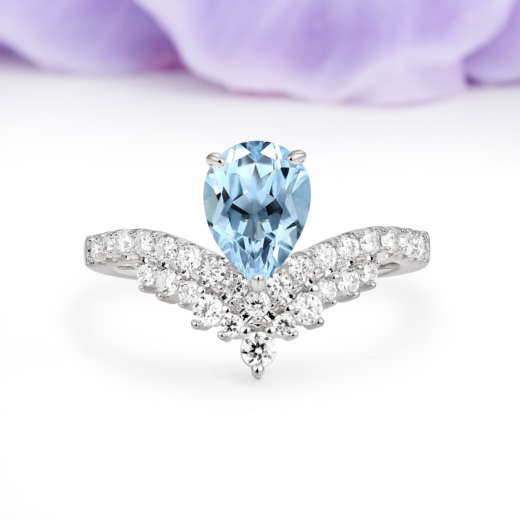 Classic and Unique 3-Prong Crown Setting with Pear Cut Aquamarine Engagement Ring - Additional view
