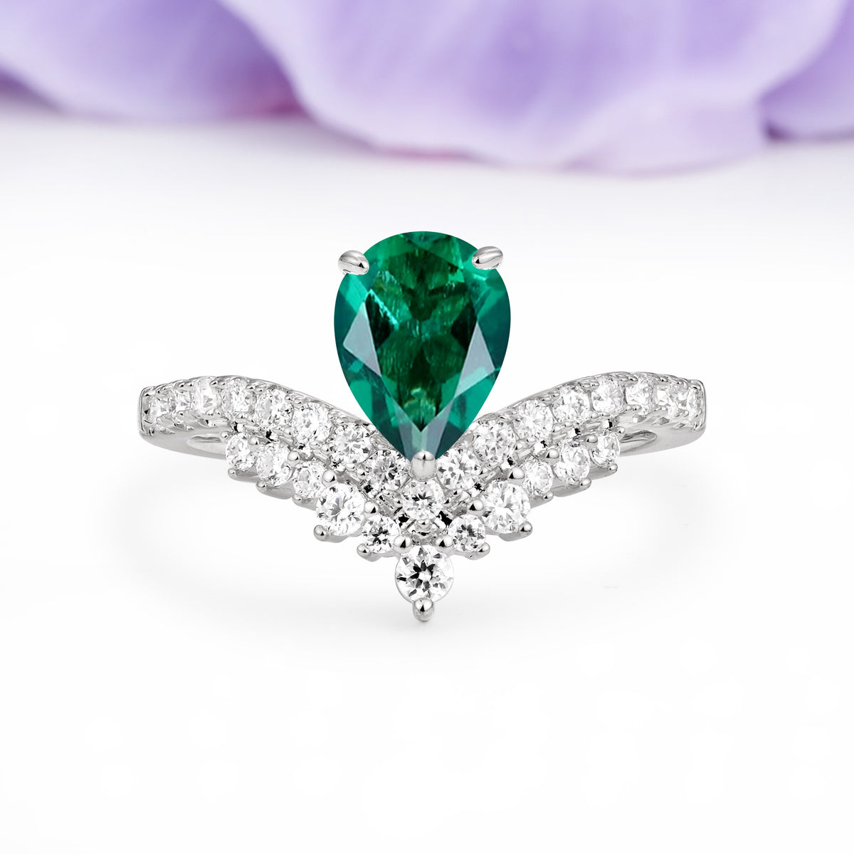 Classic and Unique 3-Prong Crown Setting with Pear Cut Emerald Engagement Ring - Additional view
