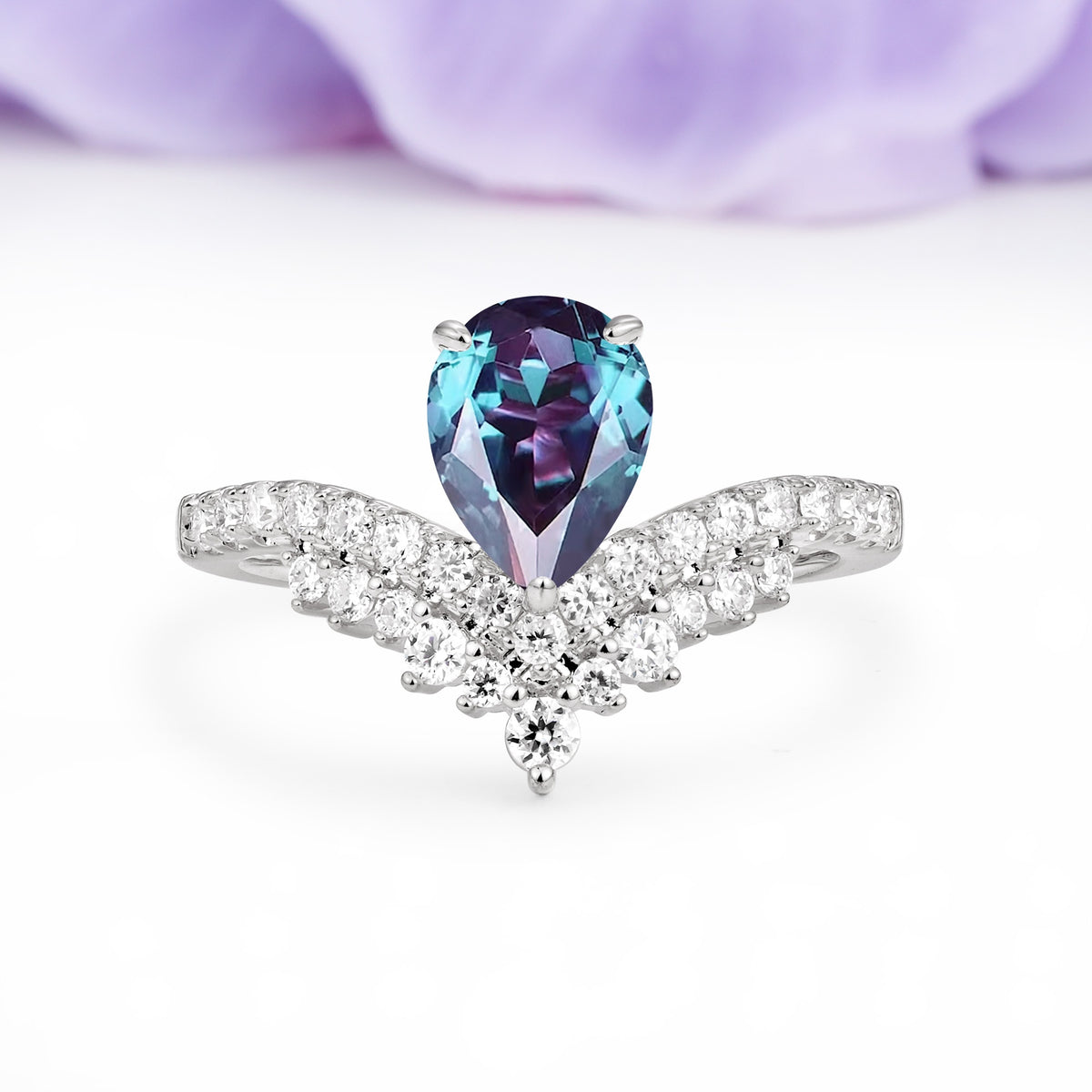 Classic and Unique 3-Prong Crown Setting with Pear Cut Alexandrite Engagement Ring - Additional view