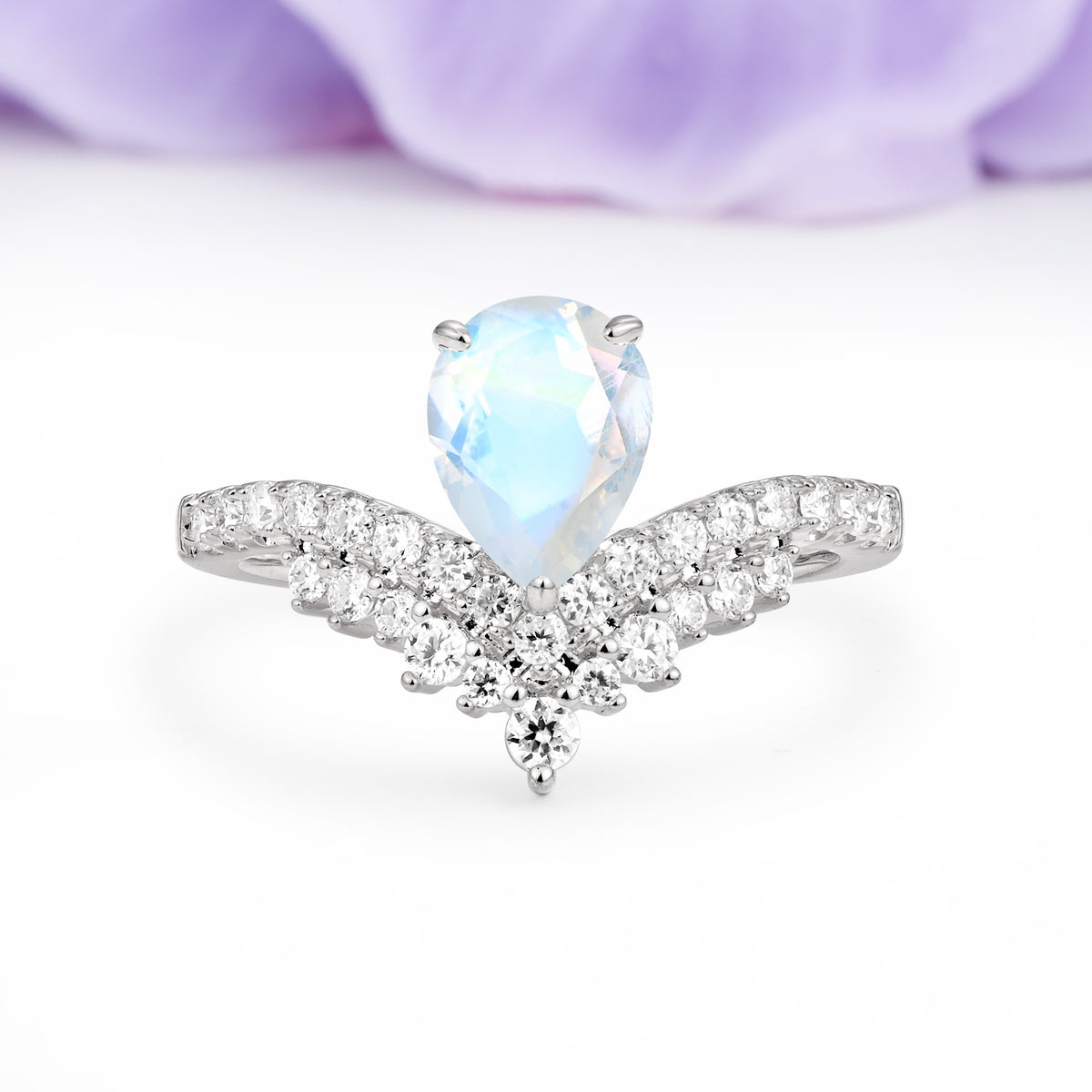 Classic and Unique 3-Prong Crown Setting with Pear Cut Moonstone Engagement Ring - Additional view