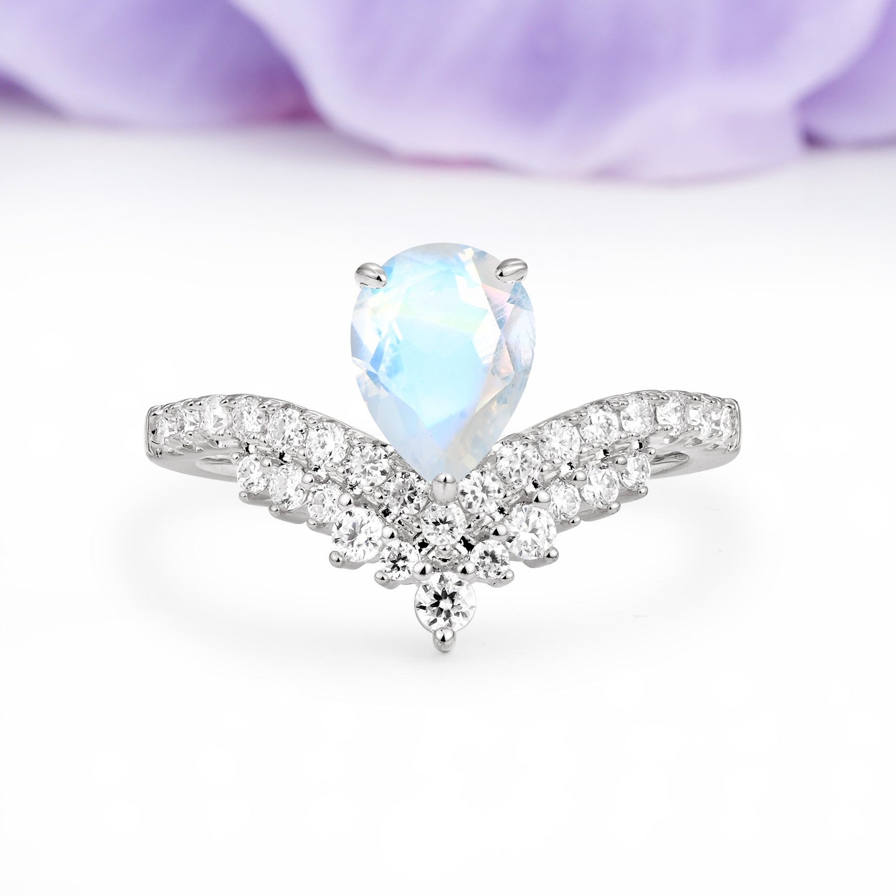Classic and Unique 3-Prong Crown Setting with Pear Cut Moonstone Engagement Ring - Additional view