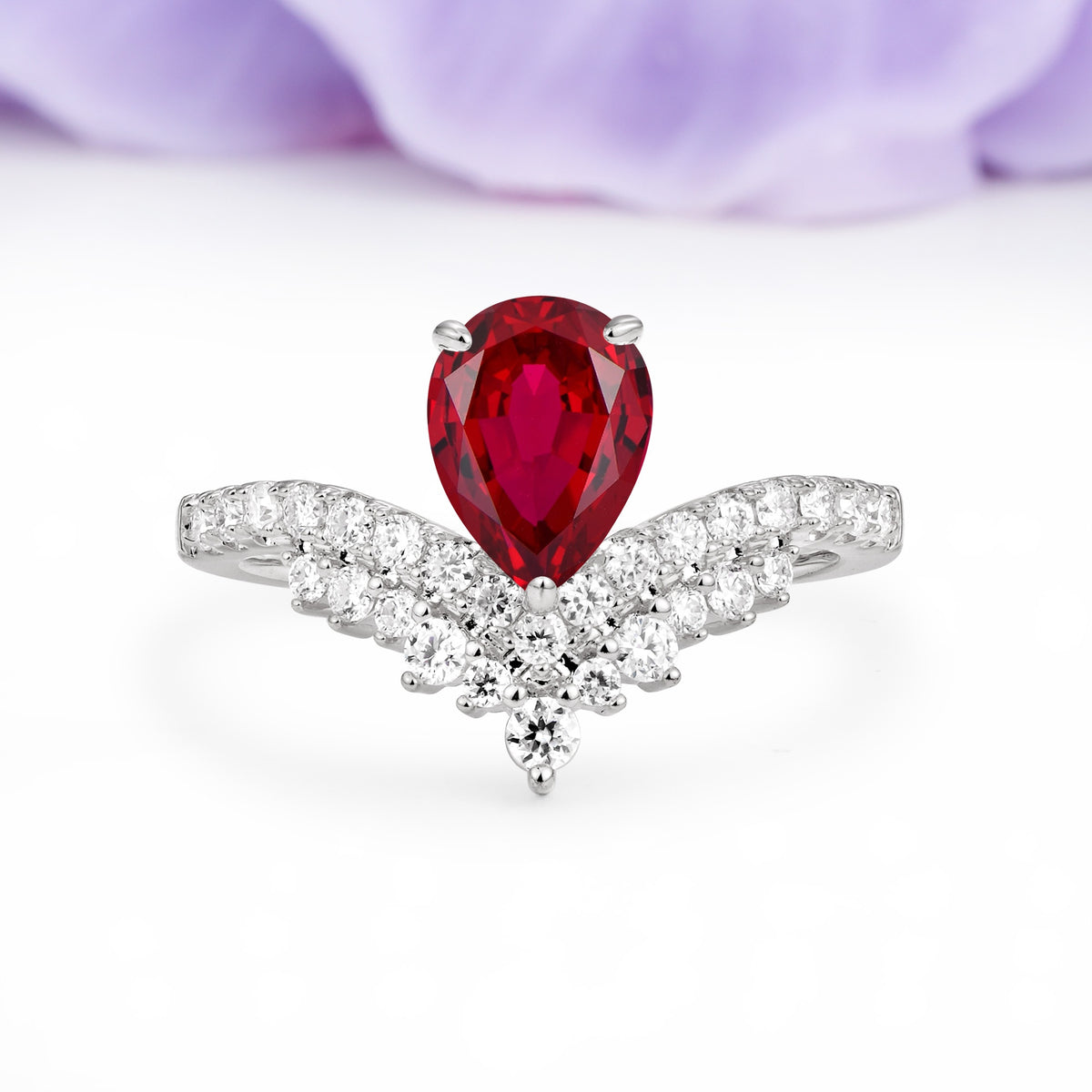 Classic and Unique 3-Prong Crown Setting with Pear Cut Ruby Engagement Ring - Additional view