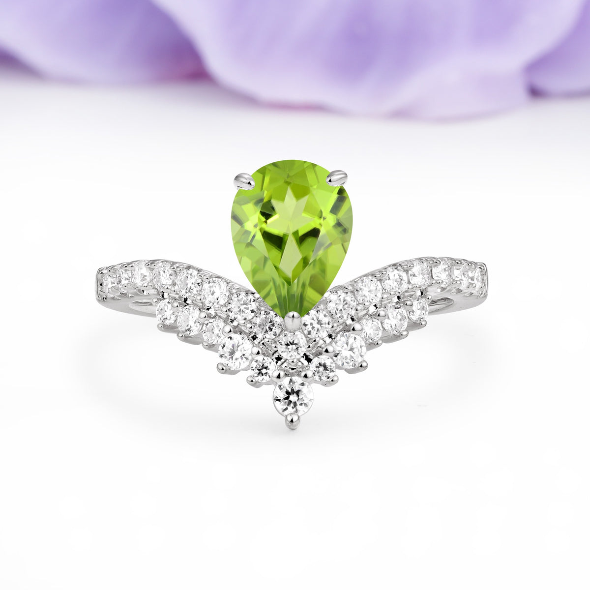 Classic and Unique 3-Prong Crown Setting with Pear Cut Peridot Engagement Ring - Additional view