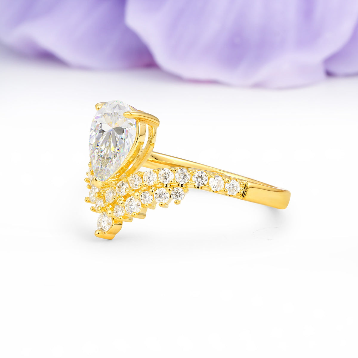 Classic and Unique 3-Prong Crown Setting with Pear Cut Moissanite Engagement Ring - Additional view