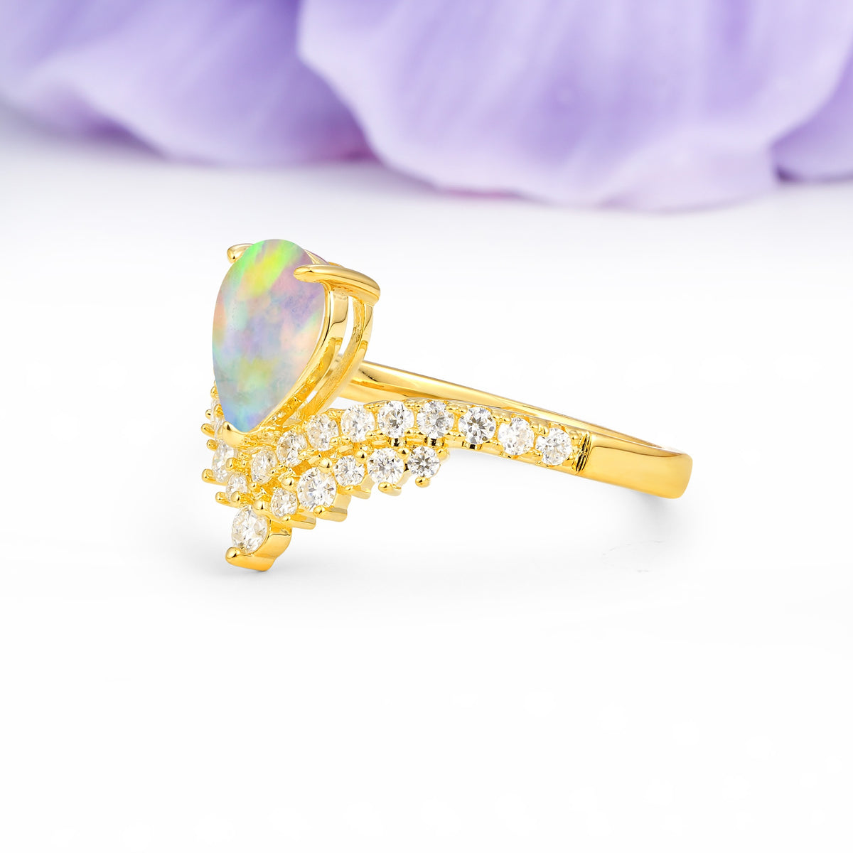 Classic and Unique 3-Prong Crown Setting with Pear Cut Fire Opal Engagement Ring - Additional view