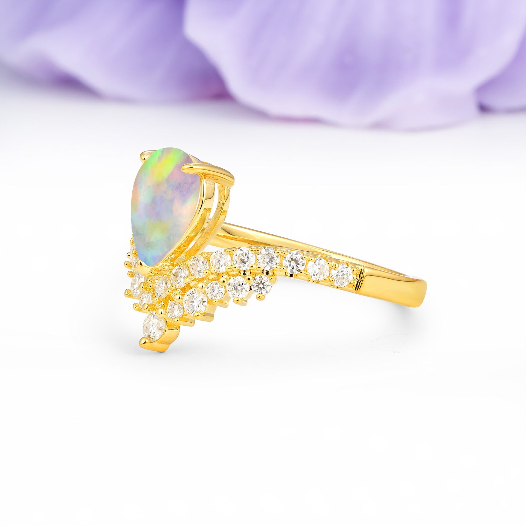 Classic and Unique 3-Prong Crown Setting with Pear Cut Fire Opal Engagement Ring - Additional view