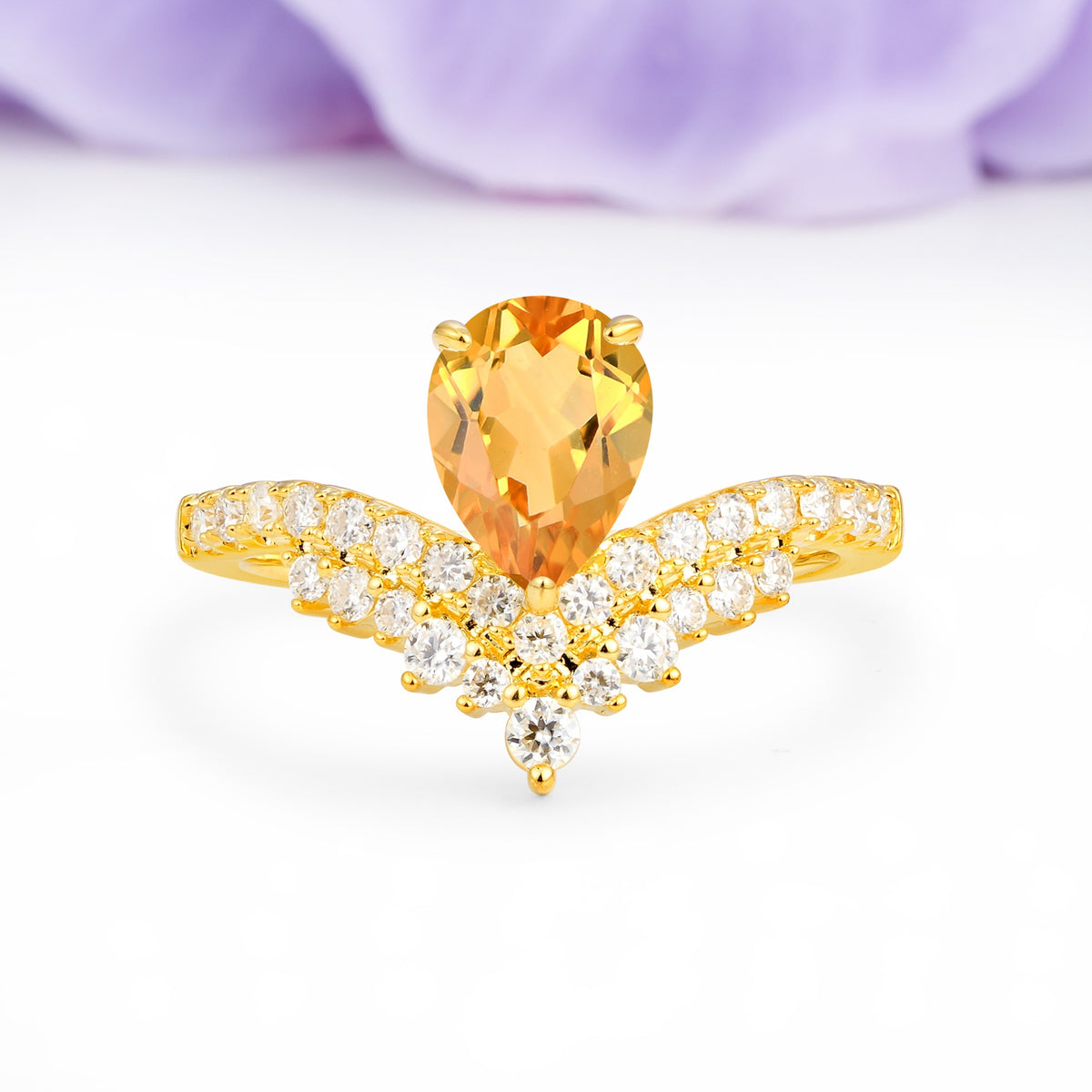 Classic and Unique 3-Prong Crown Setting with Pear Cut Citrine Engagement Ring - Additional view