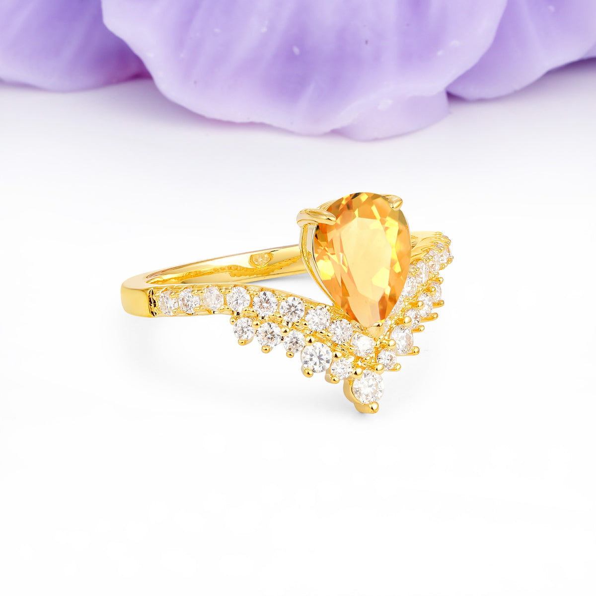 Classic and Unique 3-Prong Crown Setting with Pear Cut Citrine Engagement Ring - Additional view