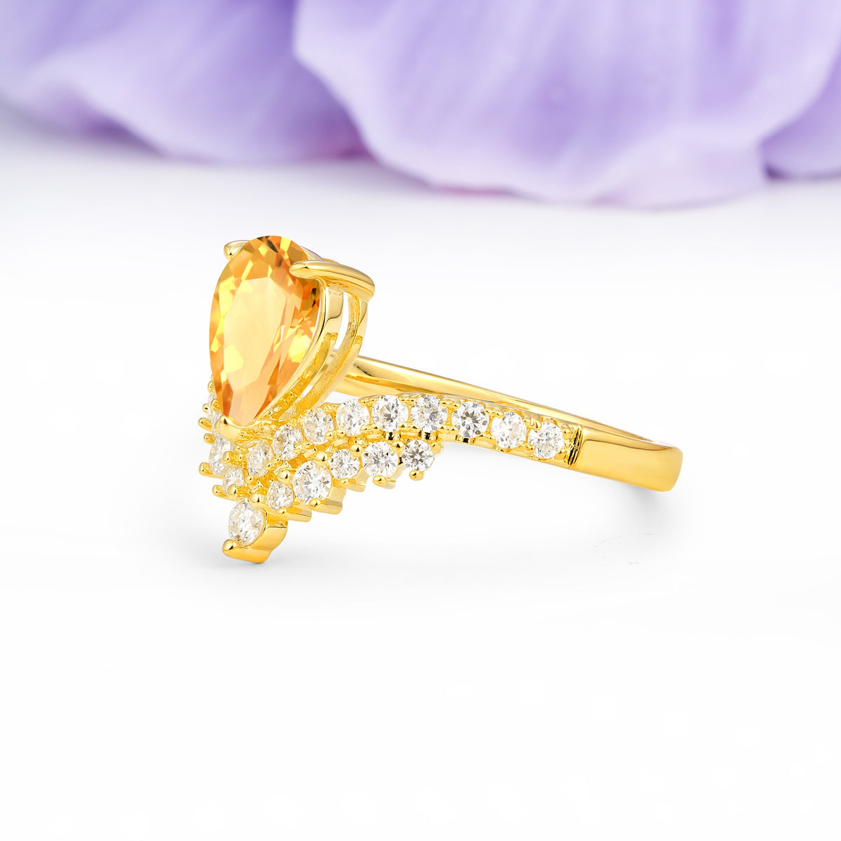 Classic and Unique 3-Prong Crown Setting with Pear Cut Citrine Engagement Ring - Additional view