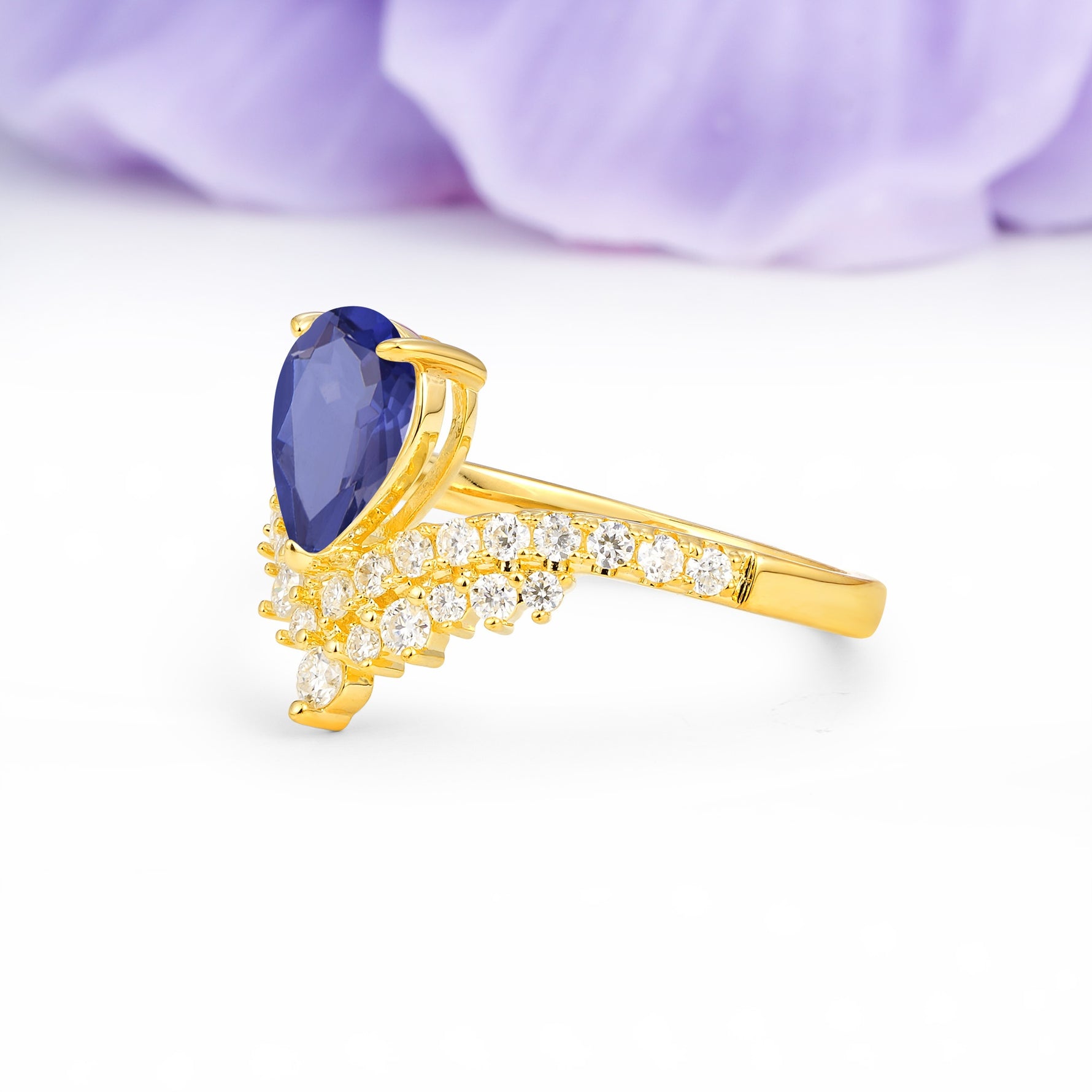 Classic and Unique 3-Prong Crown Setting with Pear Cut Tanzanite Engagement Ring - Additional view