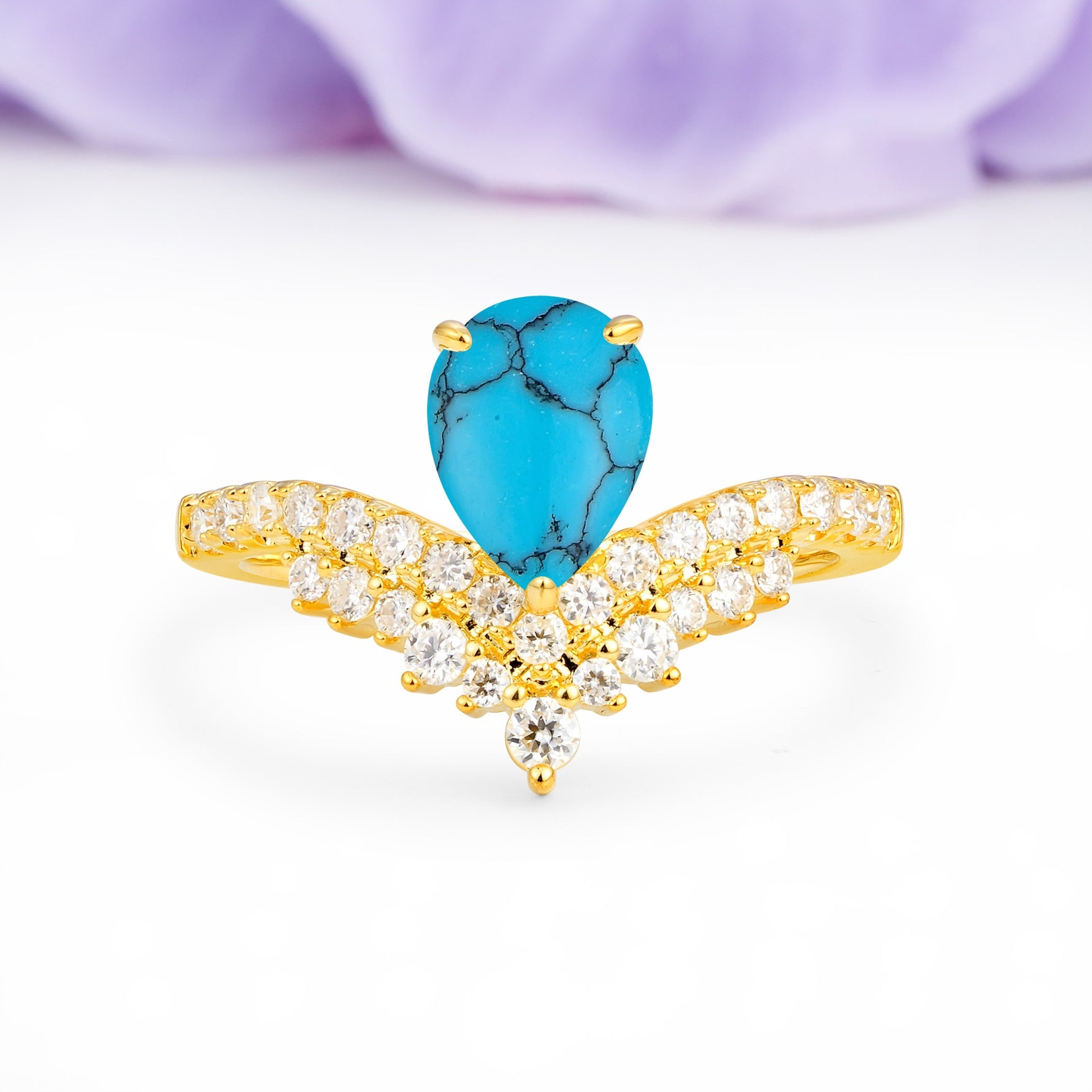 Classic and Unique 3-Prong Crown Setting with Pear Cut Turquoise Engagement Ring - Additional view