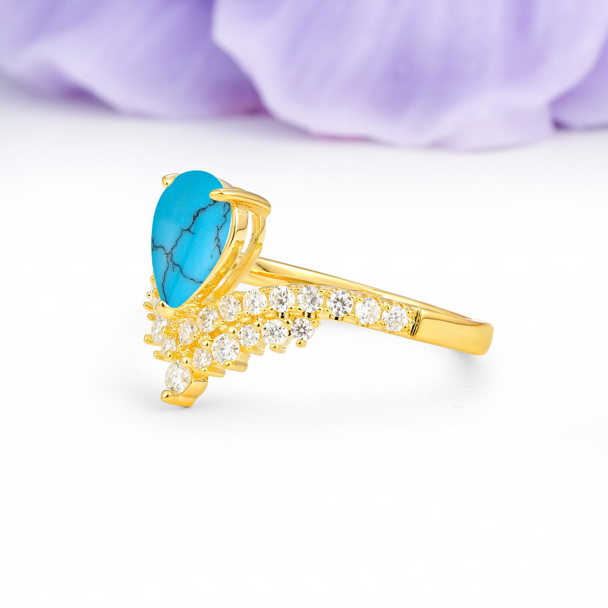 Classic and Unique 3-Prong Crown Setting with Pear Cut Turquoise Engagement Ring - Additional view