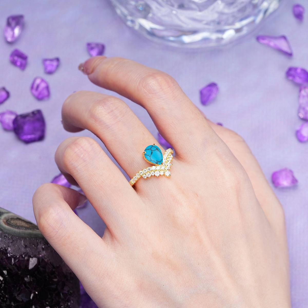 Classic and Unique 3-Prong Crown Setting with Pear Cut Turquoise Engagement Ring