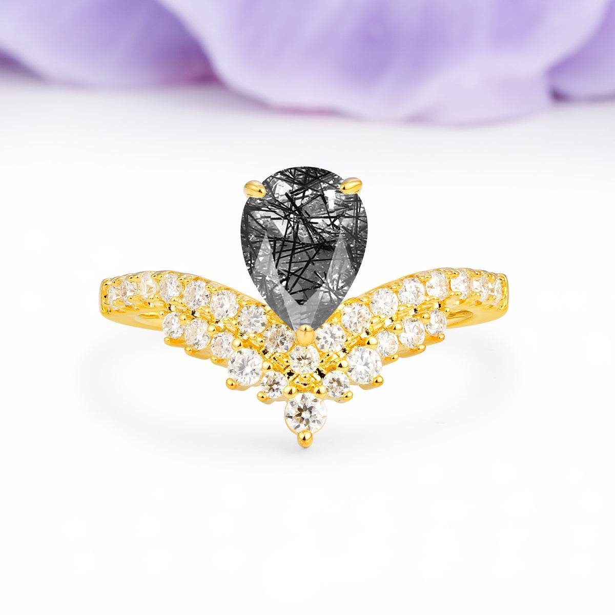 Classic and Unique 3-Prong Crown Setting with Pear Cut Black Rutilated Quartz Engagement Ring - Additional view