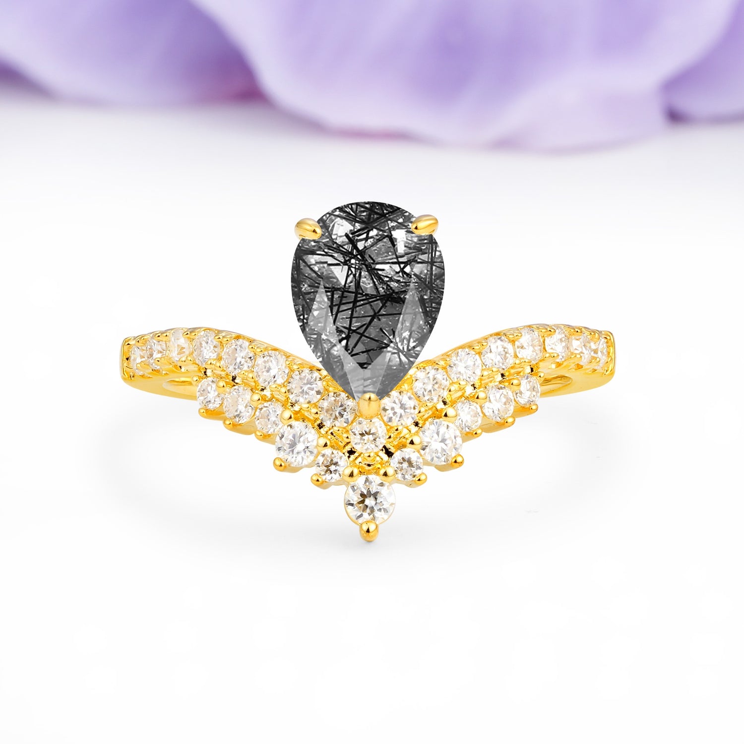 Classic and Unique 3-Prong Crown Setting with Pear Cut Black Rutilated Quartz Engagement Ring - Additional view
