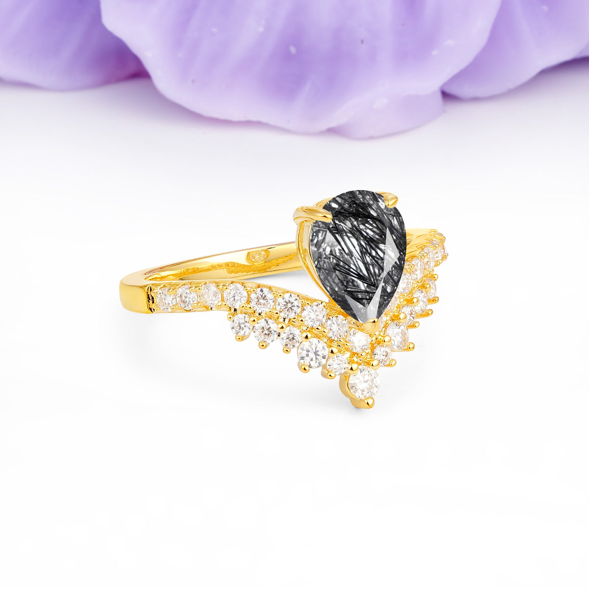 Classic and Unique 3-Prong Crown Setting with Pear Cut Black Rutilated Quartz Engagement Ring - Additional view