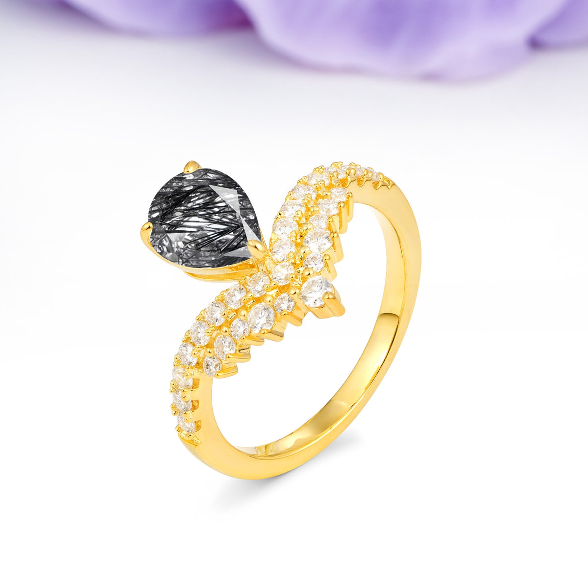 Classic and Unique 3-Prong Crown Setting with Pear Cut Black Rutilated Quartz Engagement Ring - Additional view