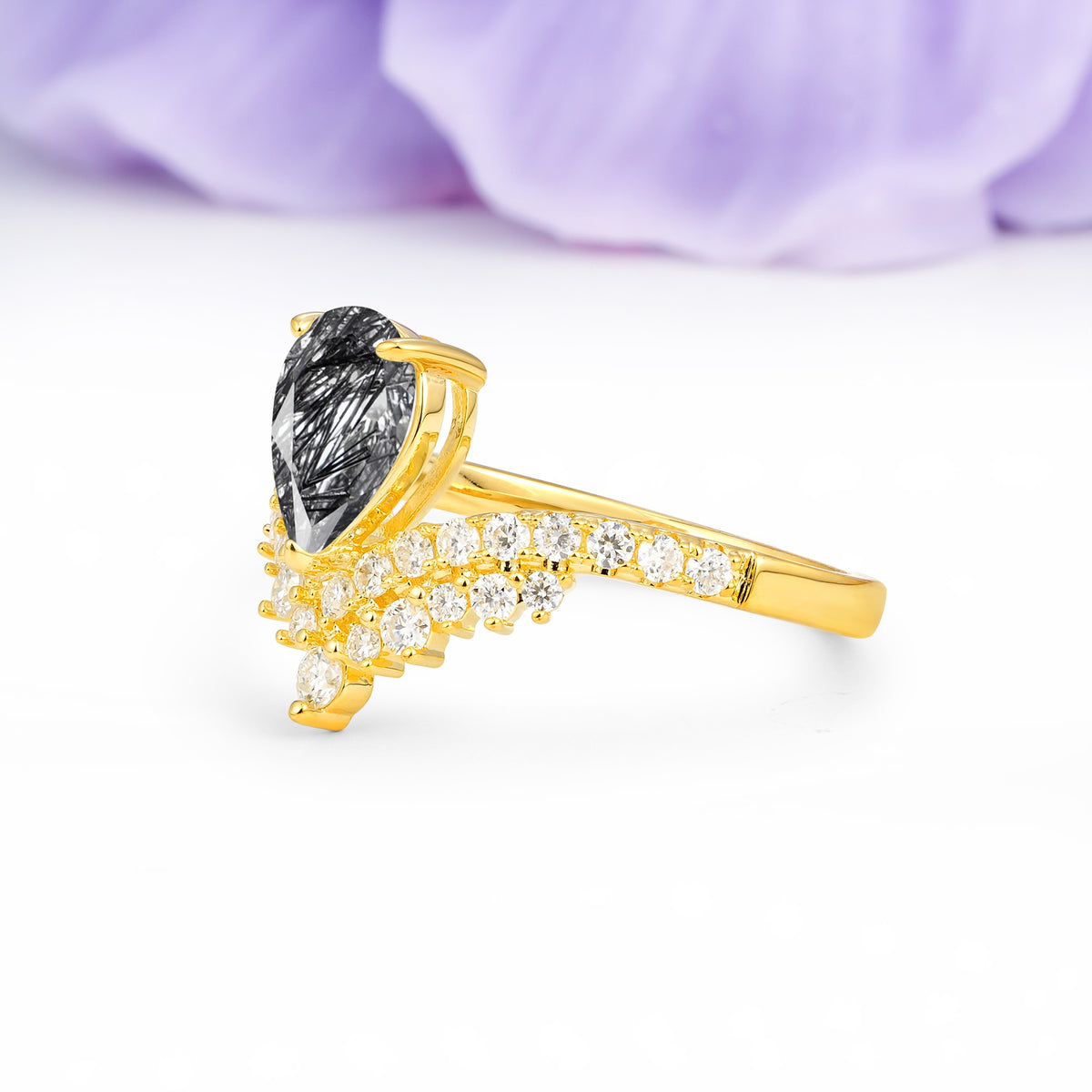 Classic and Unique 3-Prong Crown Setting with Pear Cut Black Rutilated Quartz Engagement Ring - Additional view