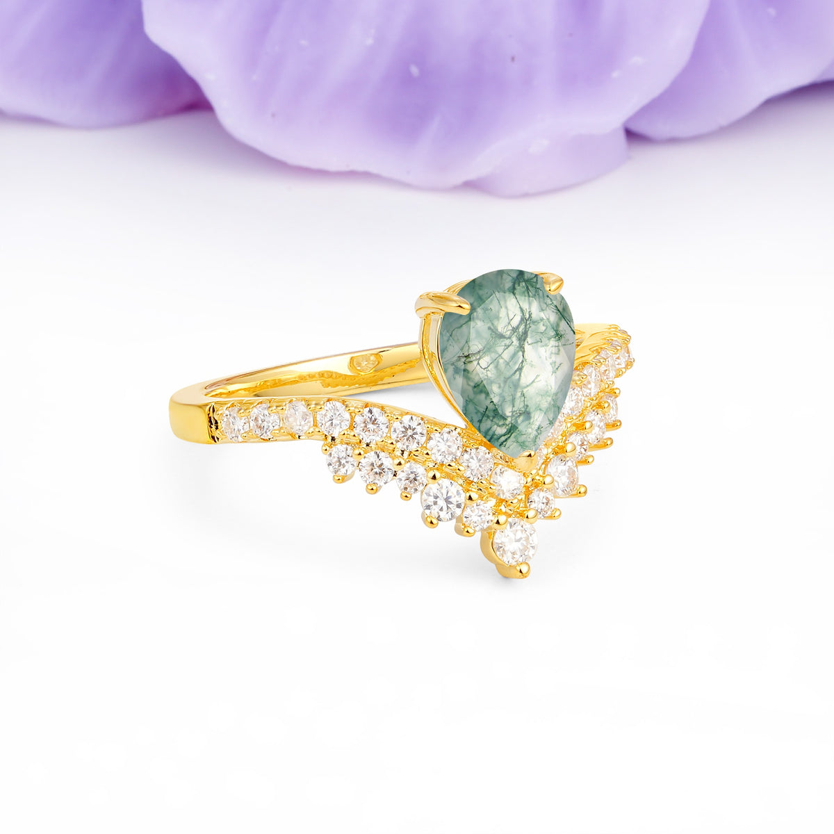 Classic and Unique 3-Prong Crown Setting with Pear Cut Moss Agate Engagement Ring - Additional view