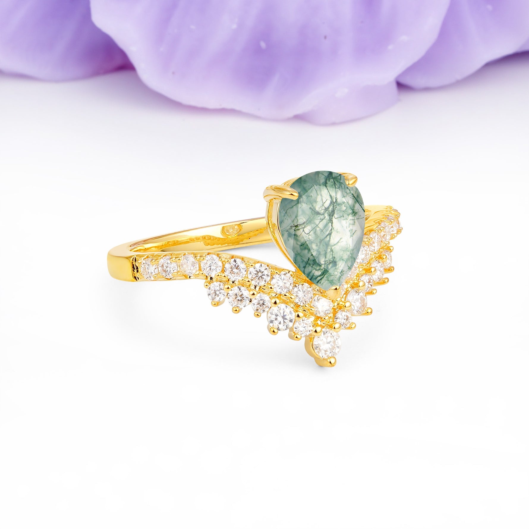 Classic and Unique 3-Prong Crown Setting with Pear Cut Moss Agate Engagement Ring - Additional view