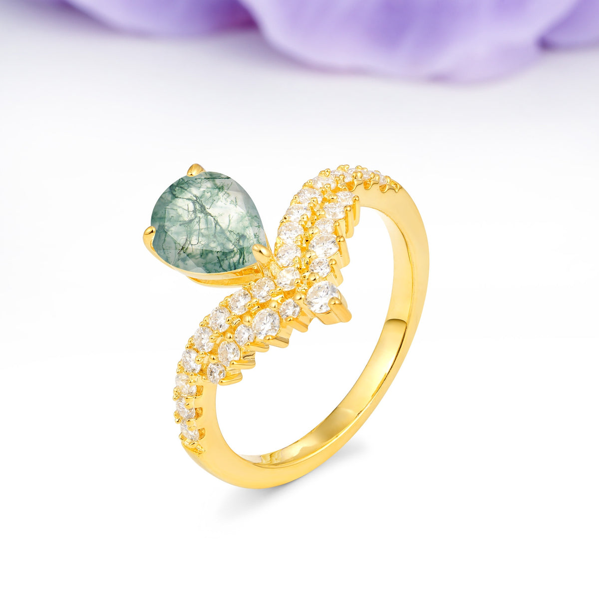 Classic and Unique 3-Prong Crown Setting with Pear Cut Moss Agate Engagement Ring - Additional view