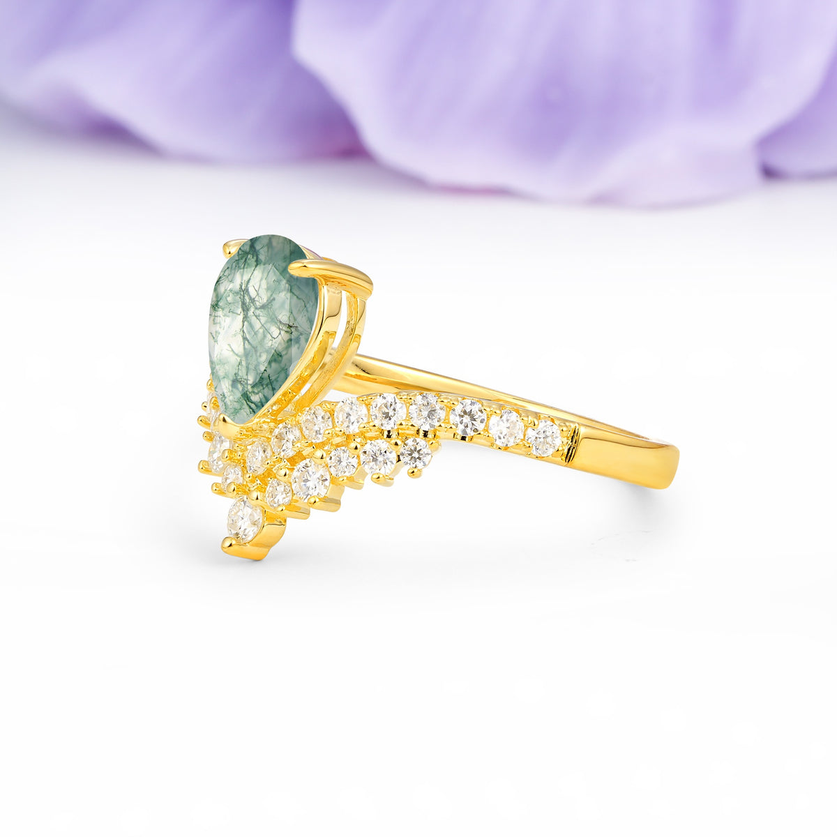 Classic and Unique 3-Prong Crown Setting with Pear Cut Moss Agate Engagement Ring - Additional view