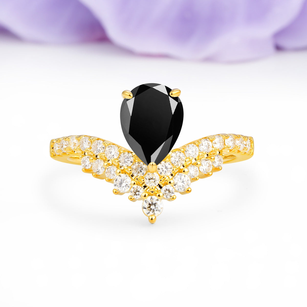 Classic and Unique 3-Prong Crown Setting with Pear Cut Black Onyx Engagement Ring - Additional view