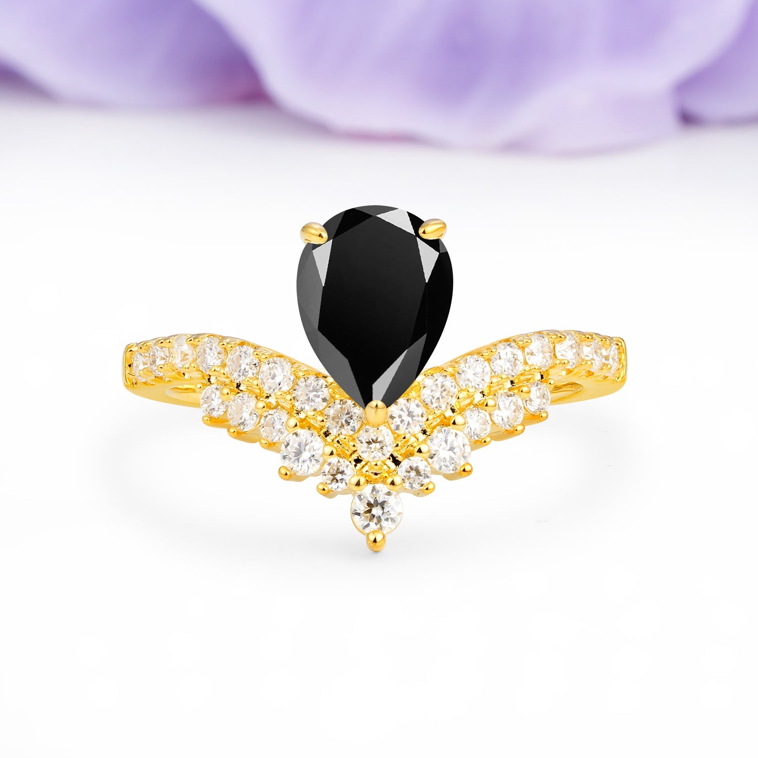 Classic and Unique 3-Prong Crown Setting with Pear Cut Black Onyx Engagement Ring - Additional view