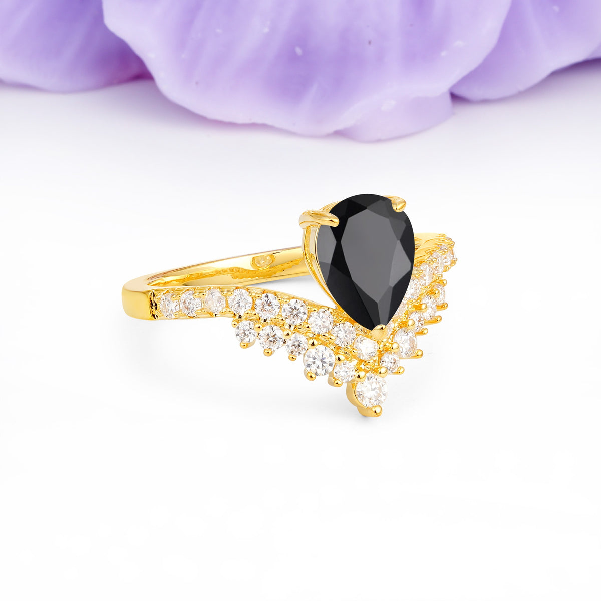 Classic and Unique 3-Prong Crown Setting with Pear Cut Black Onyx Engagement Ring - Additional view