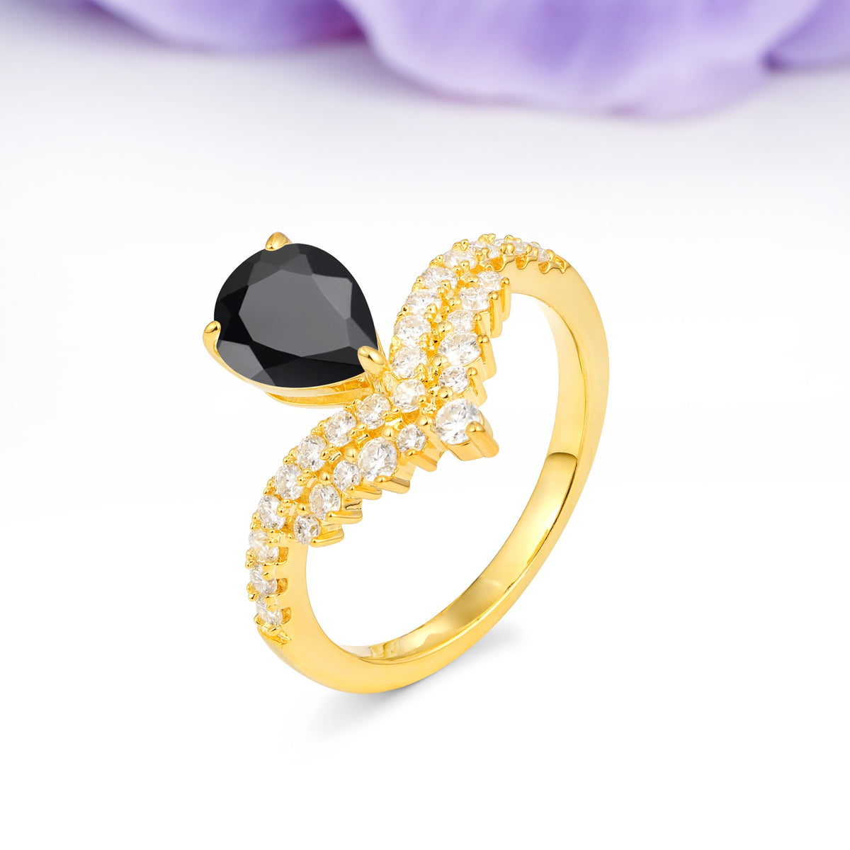 Classic and Unique 3-Prong Crown Setting with Pear Cut Black Onyx Engagement Ring - Additional view