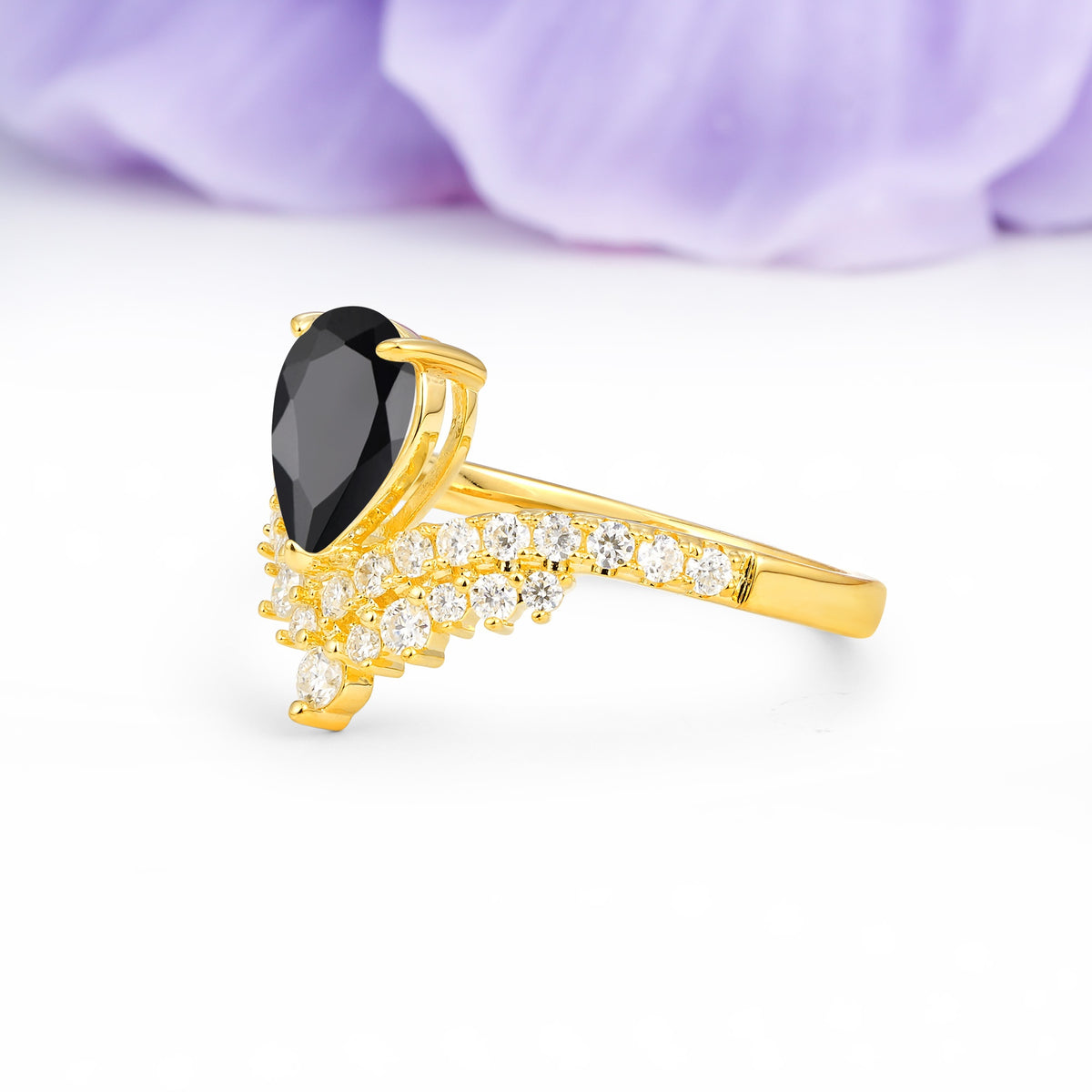 Classic and Unique 3-Prong Crown Setting with Pear Cut Black Onyx Engagement Ring - Additional view