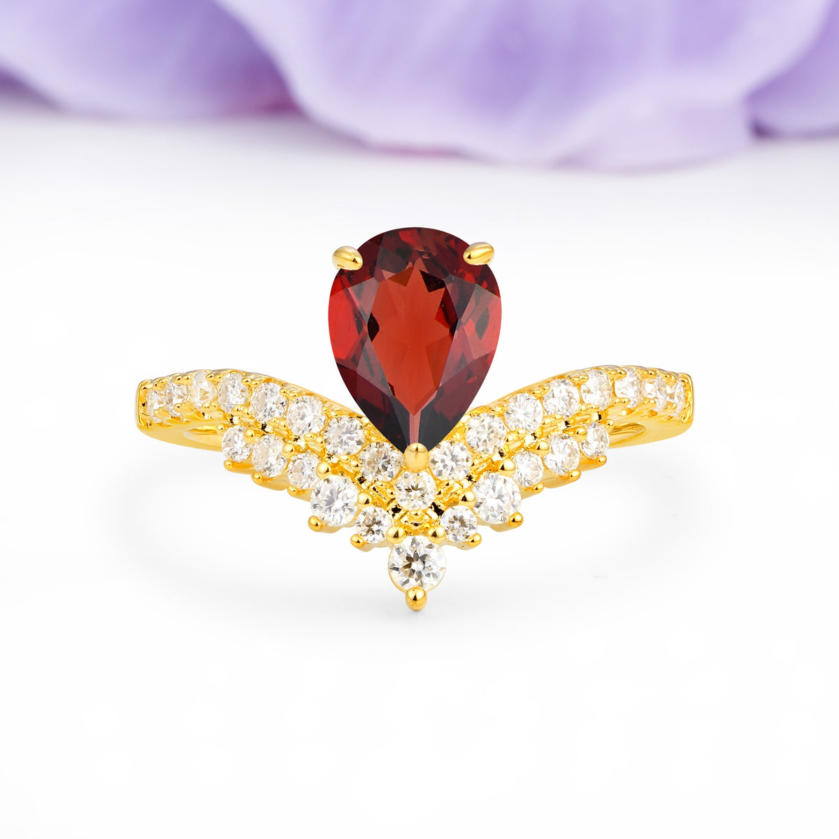 Classic and Unique 3-Prong Crown Setting with Pear Cut Garnet Engagement Ring - Additional view