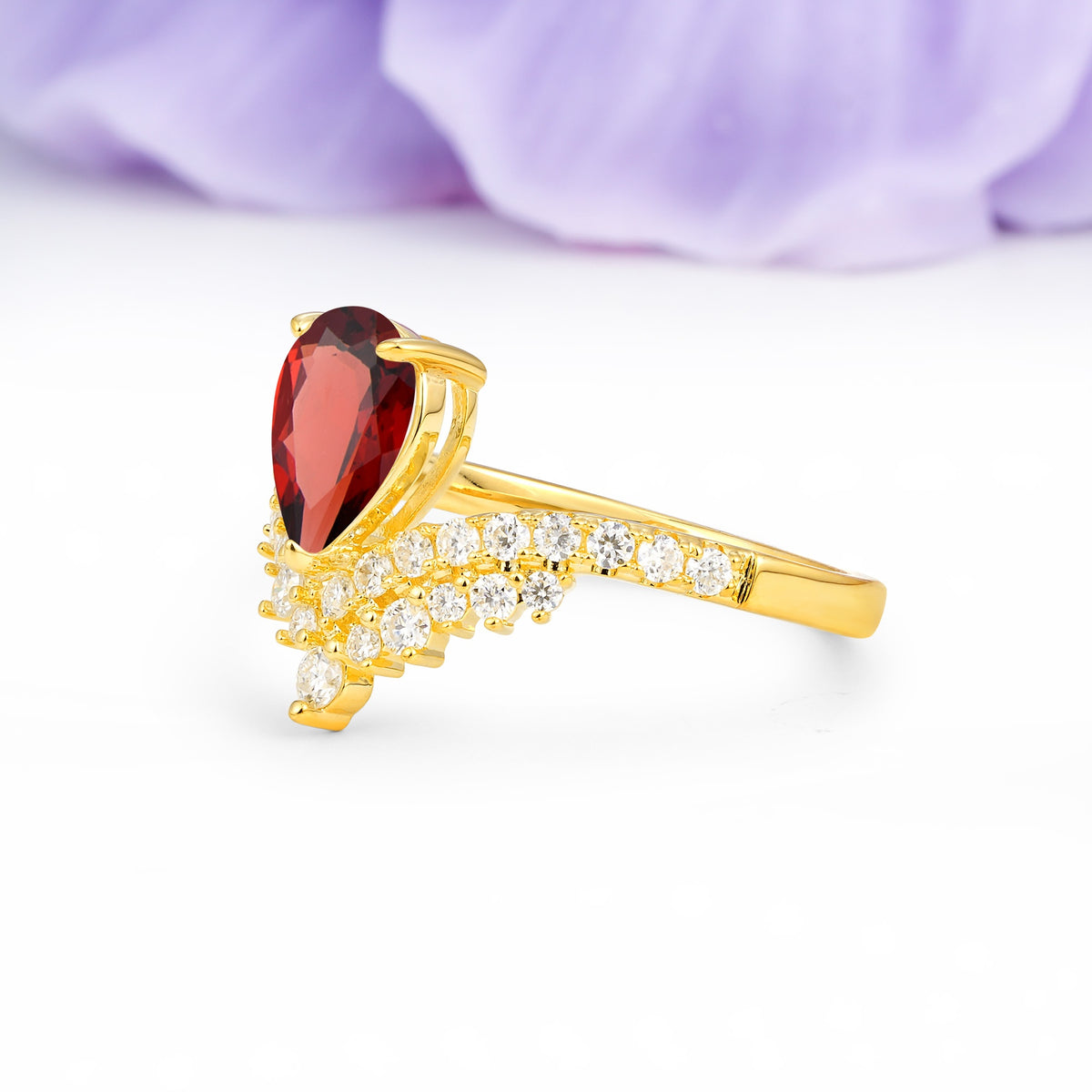 Classic and Unique 3-Prong Crown Setting with Pear Cut Garnet Engagement Ring - Additional view